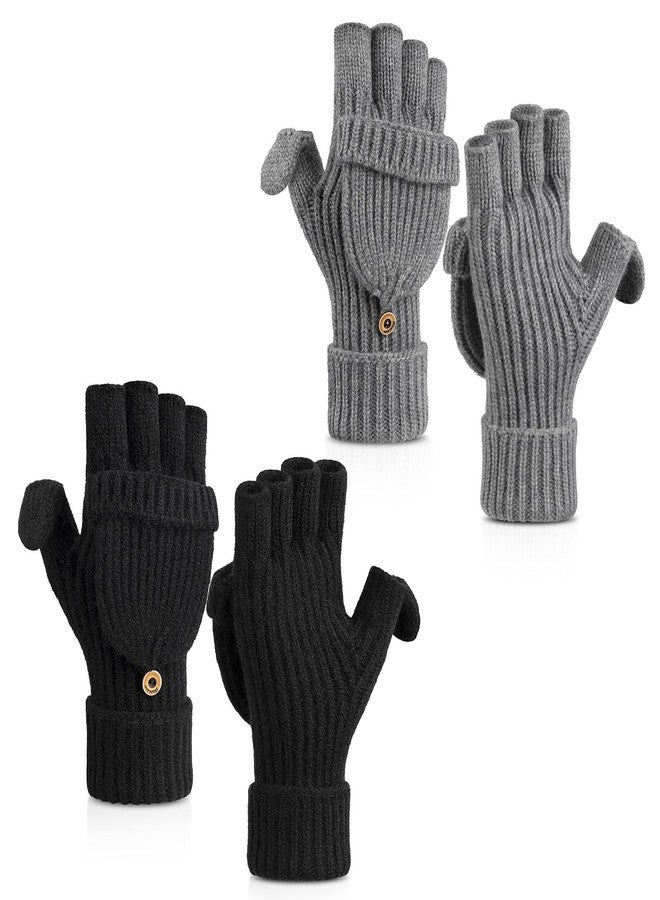 Cierto Winter Gloves for Women Men: Convertible Fingerless Gloves for Cold Weather, Womens Warm Knit Mittens - 2 pairs - Image 1